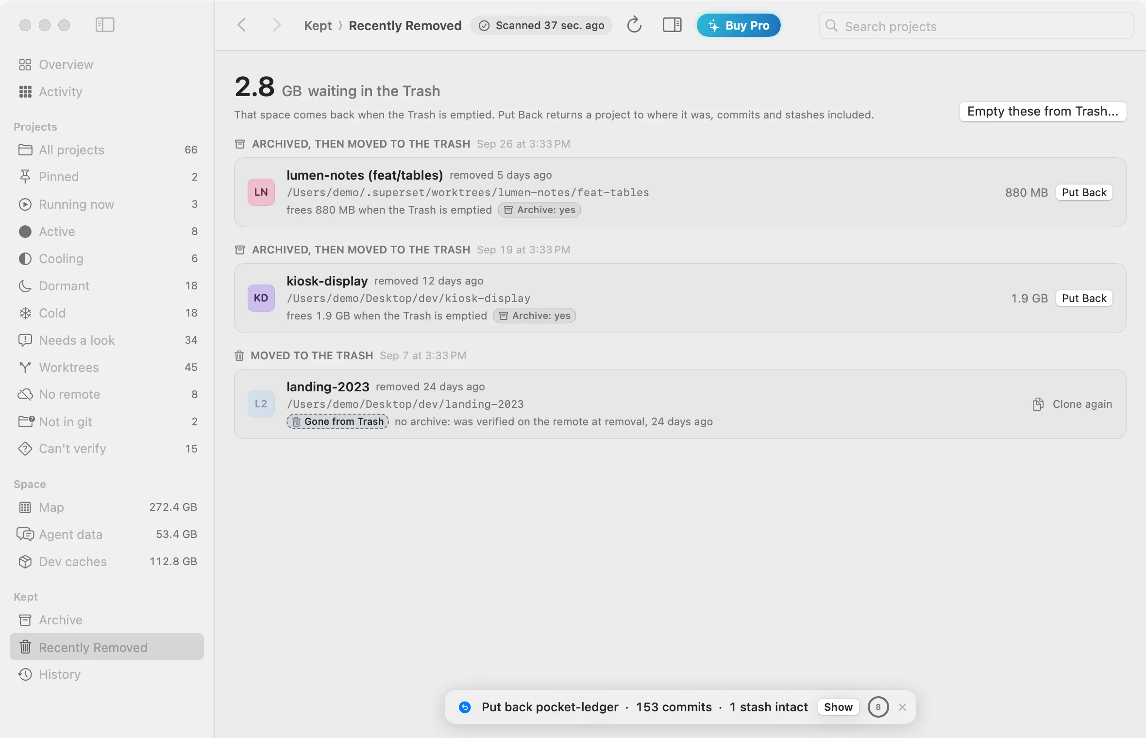 Recently Removed: every project has a Put Back button.